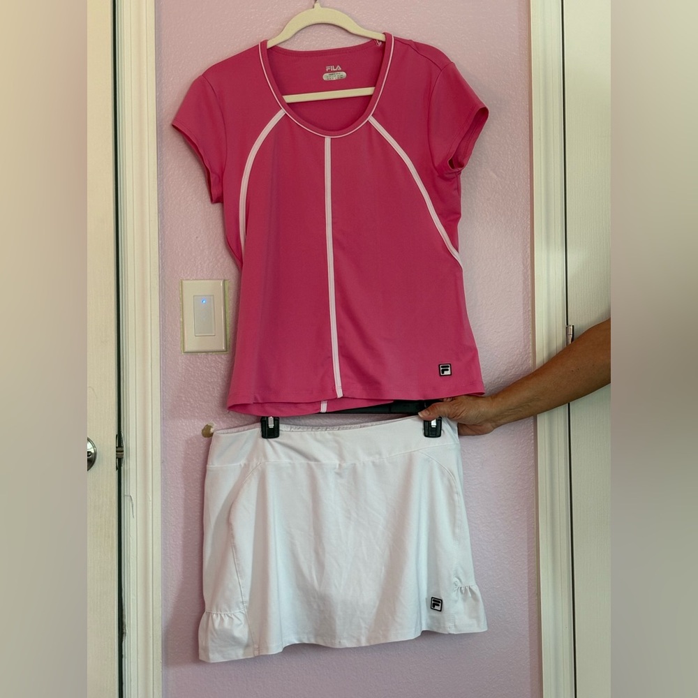 Fila Vibrant Pink and white Activewear set Shirt M Skirt L
